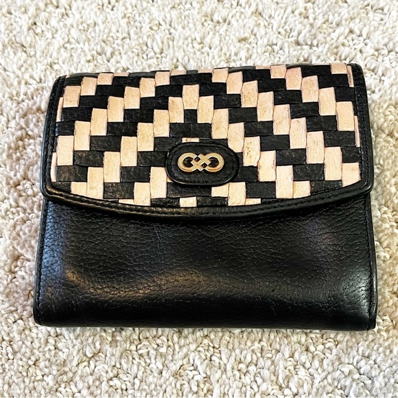 Cole Haan Skylar Woven Vachetta Wallet Leather Black Cream Small ID Credit Card - Picture 1 of 10